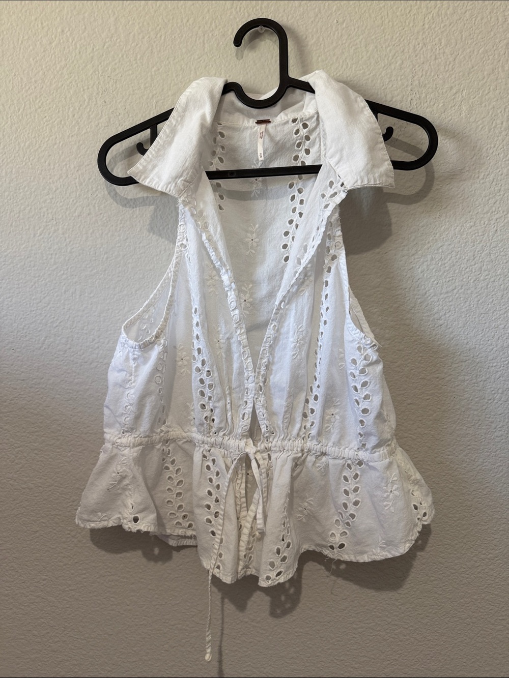 Free People White Eyelet Sleeveless Peplum Drawstring Top